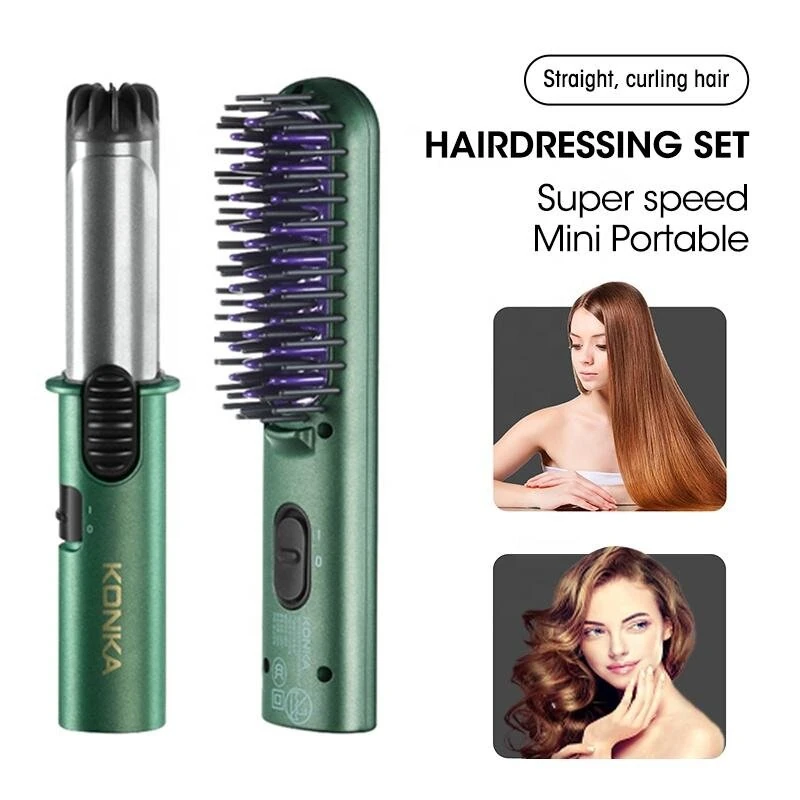 (image for) KONKA Mini Portable Hair Styling Kit Curling Iron Straightening Comb Hot Air Comb Hairdressing Set Large Curler Portable Travel Dual-Purpose Barber Curling Iron Straight Hair Comb